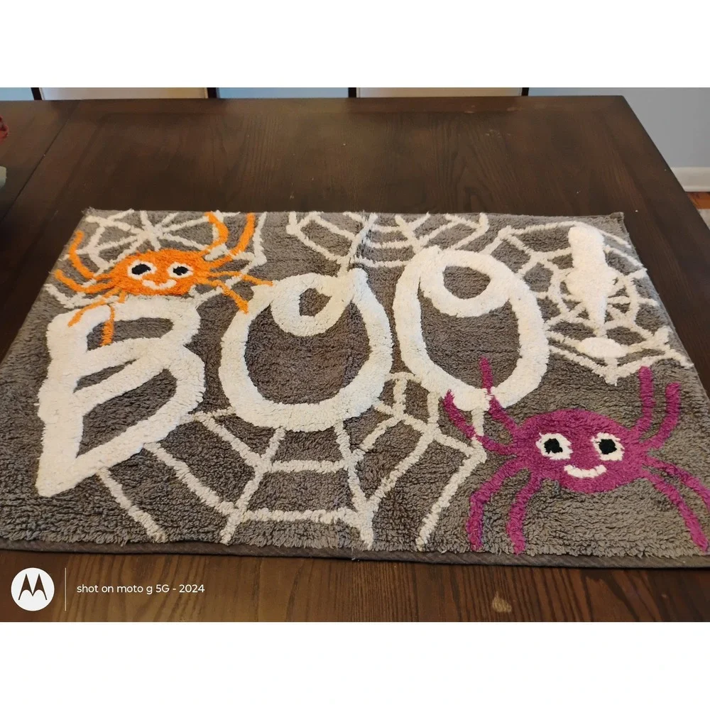 Halloween Boo Spider Web Bath Mat Rug Grey Orange Purple Spooky Decor
